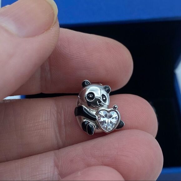 Panda Bear Sterling Silver CZ Heart Stud Earrings - Picture 4 of 4